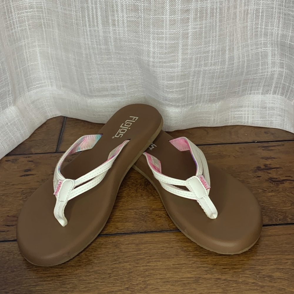 Flojos Flip Flops - Size 6, Brown and White